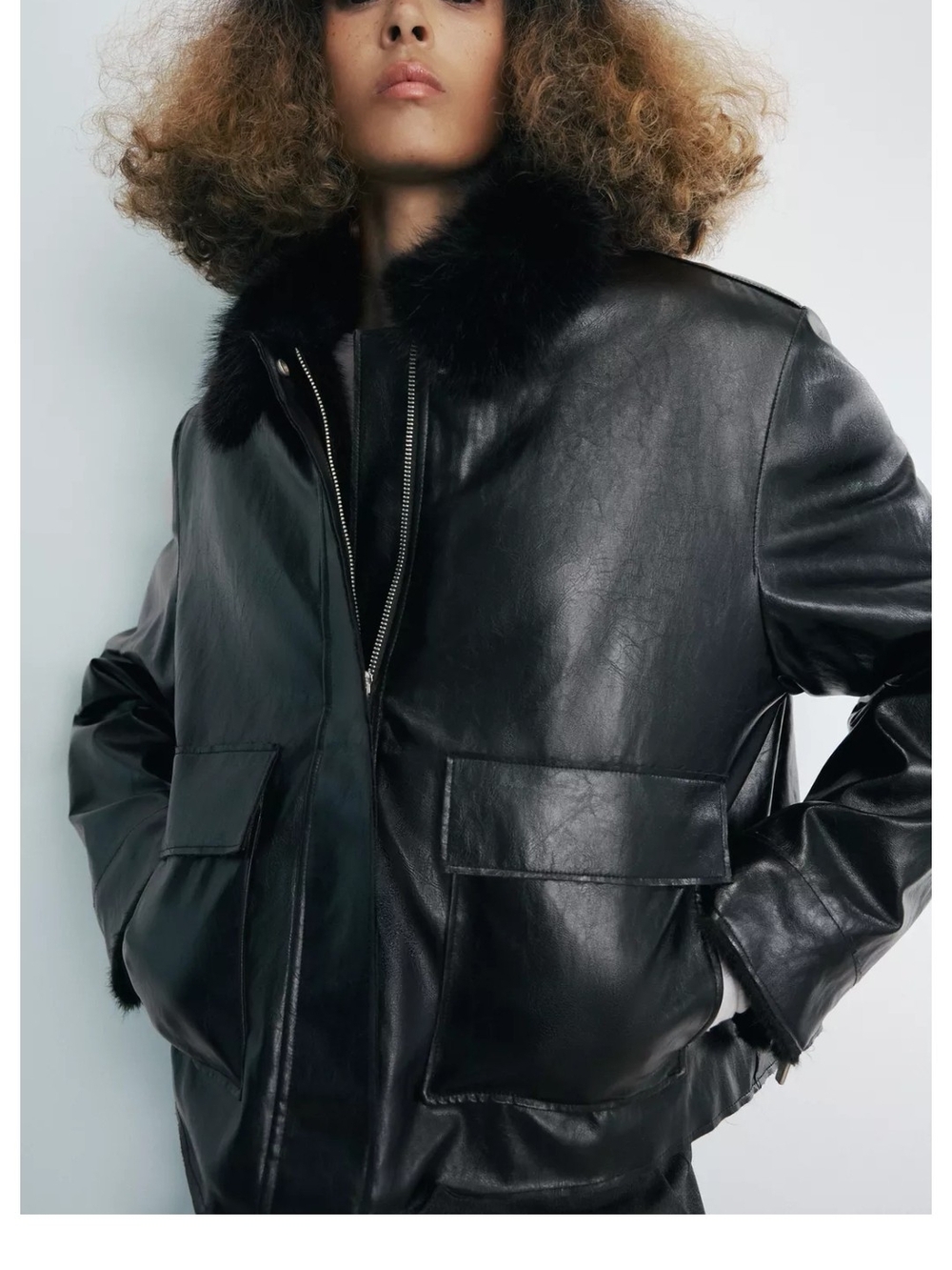Zara Black Faux Leather Jacket with Faux Fur Collar‎ and Lining Size Small